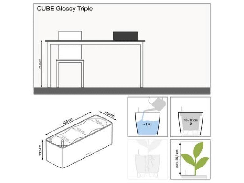 LECHUZA CUBE GLOSSY TRIPLE CHARCOAL HIGH-GLOSS